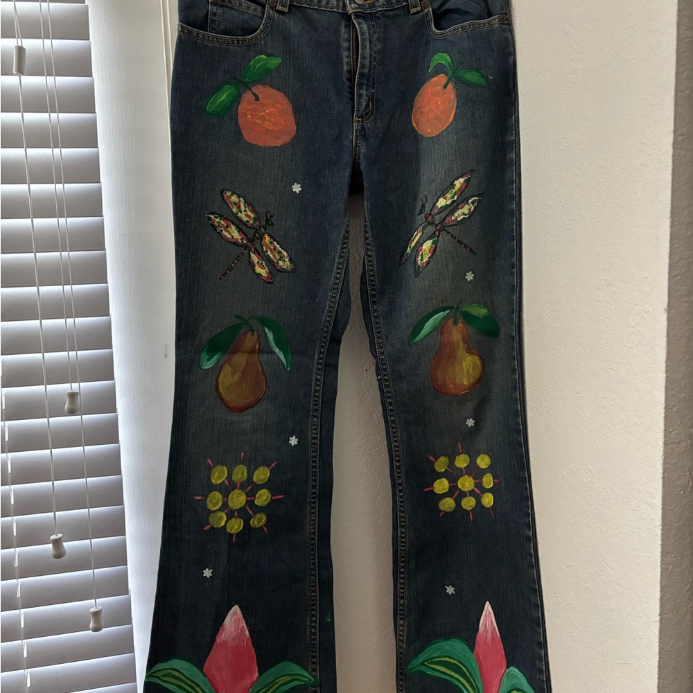 Hand-Painted Denim Jeans with Colorful Fruit and Nature Design
